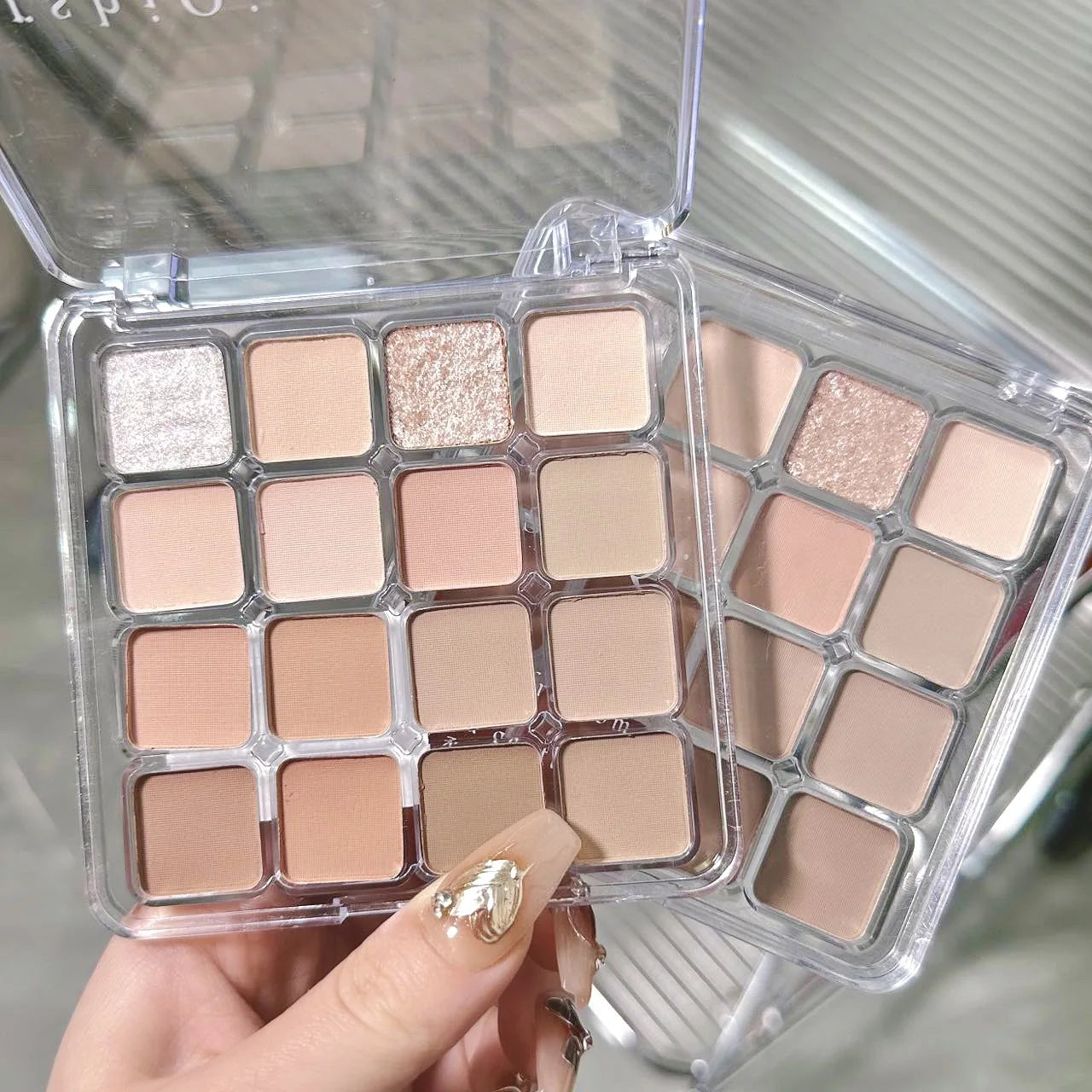 Palette fards à paupières 16 couleurs, rose et pêche, mats et nacrés pailletés, pigments, waterproof, longue tenue, tons terre coréens