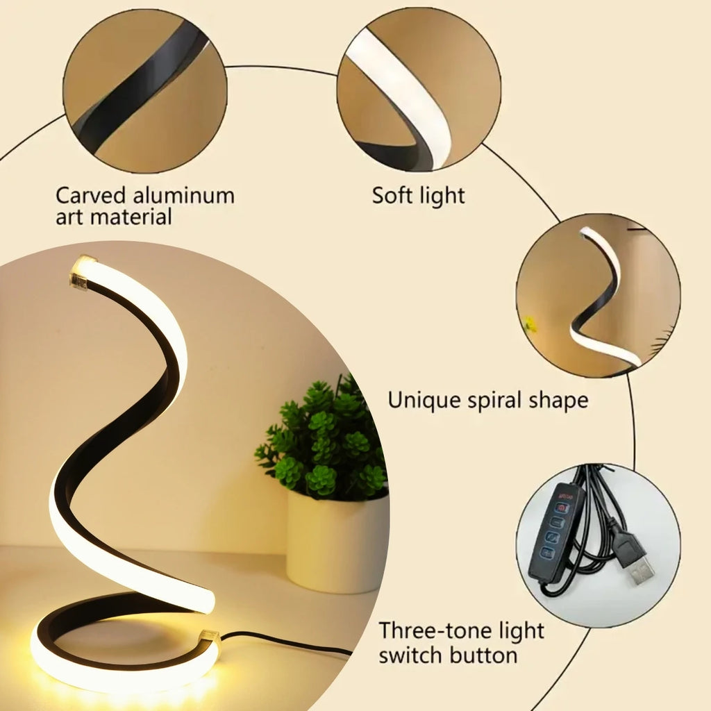 Modern Spiral LED Desk Lamp – 3 Color Dimmable USB Table Light for Bedroom & Office