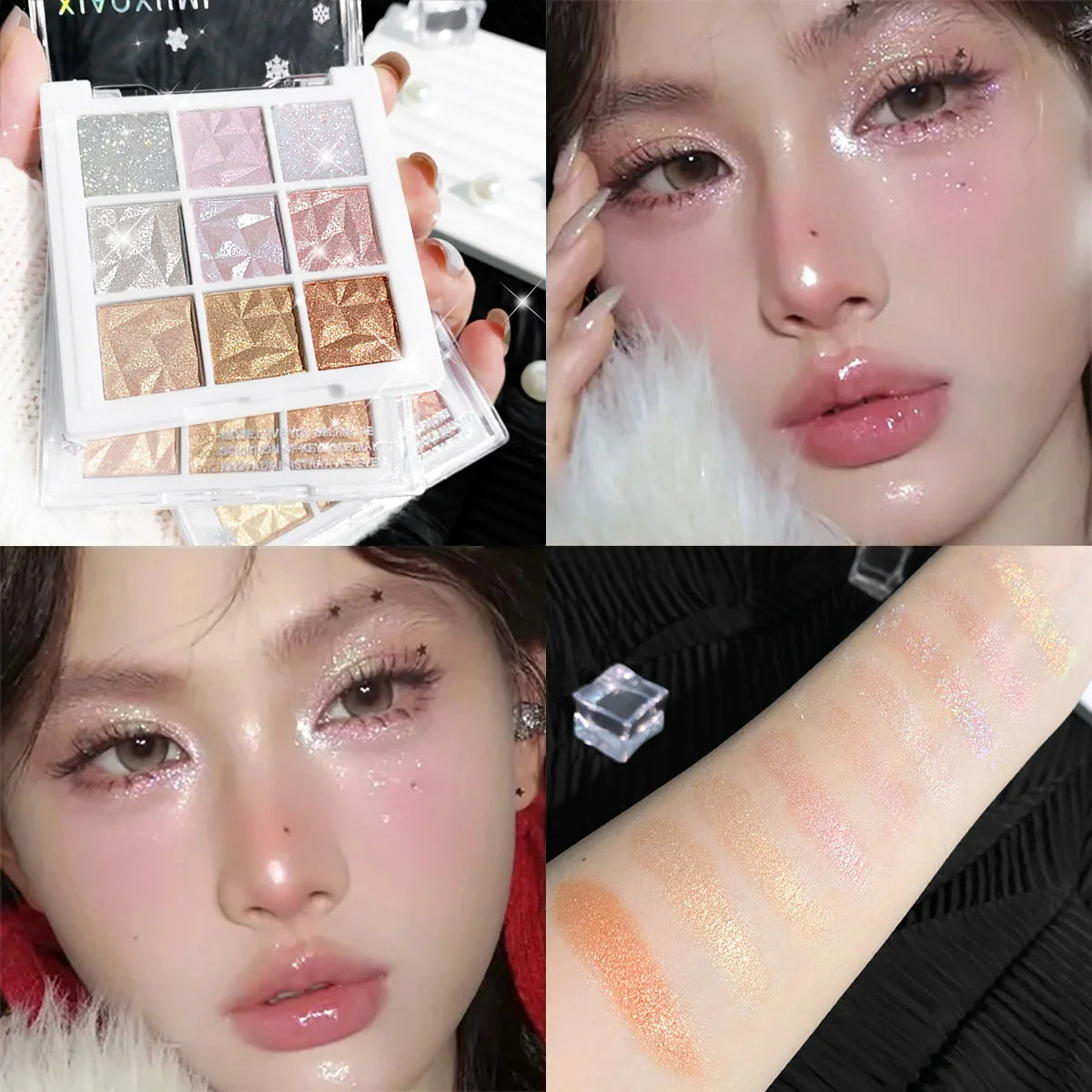 Palette fards à paupières 9 couleurs, paillettes fines et nacrées, longue tenue, highlighter yeux