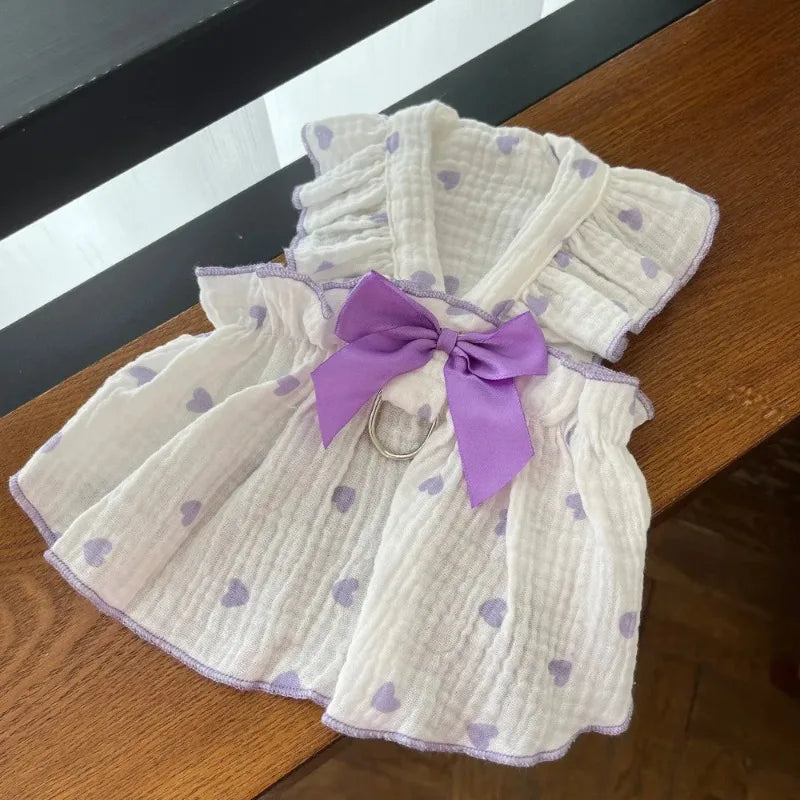 Heart Print Dog Dress with Bow – Cute Summer Princess Outfit for Small Dogs & Cats