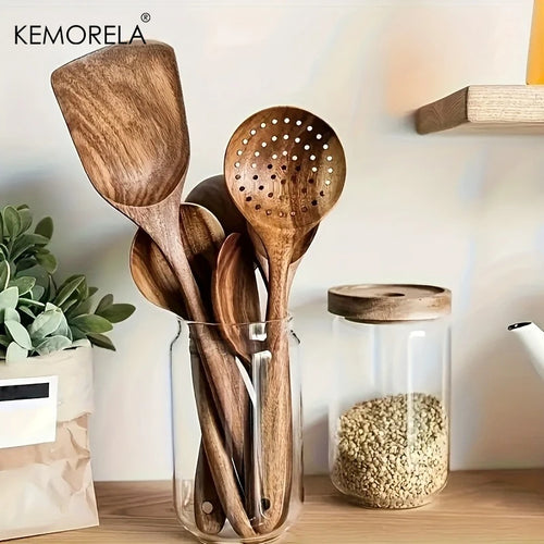 10-Piece Natural Wooden Kitchen Utensil Set – Wooden Spoons, Spatulas & Ladles for Cooking and Serving