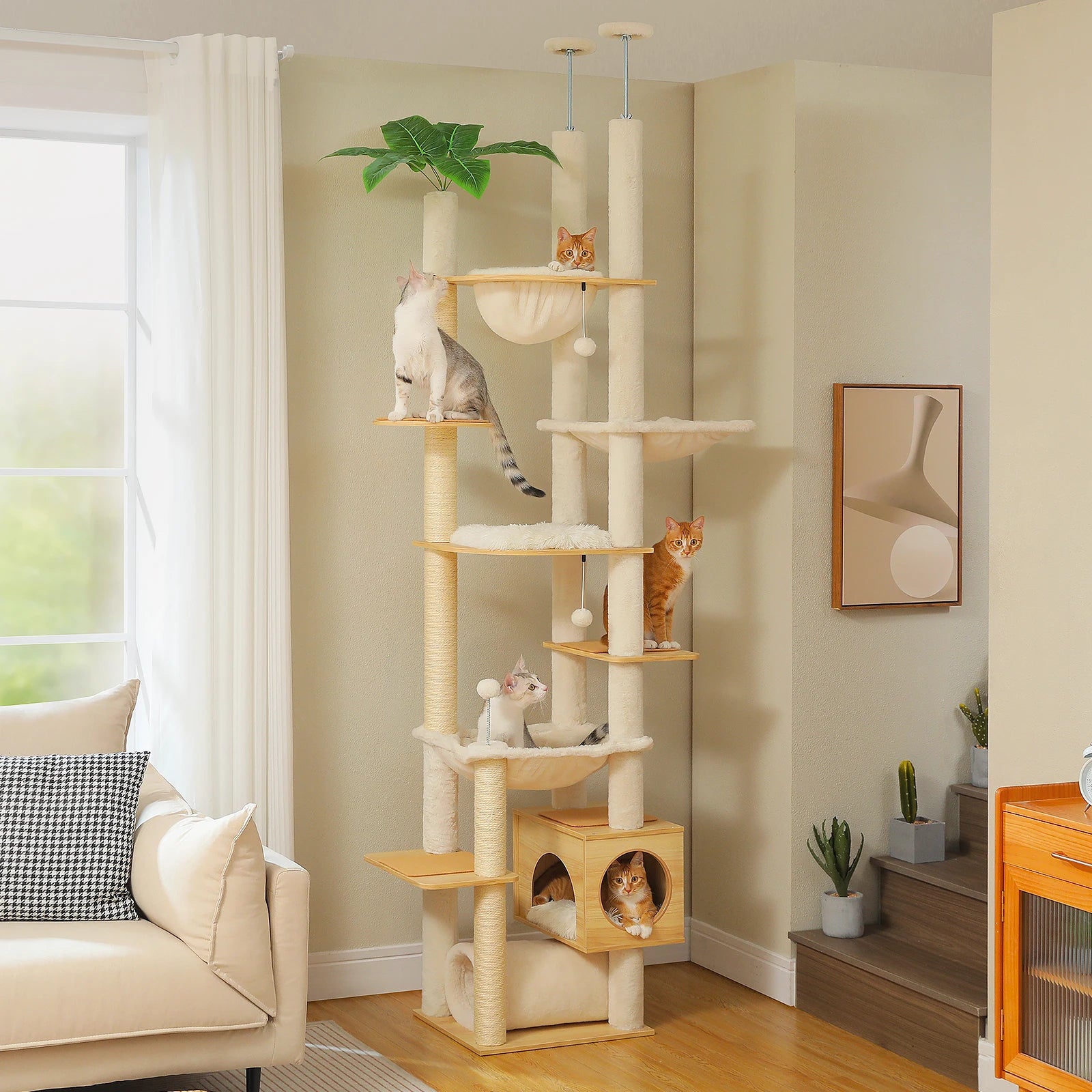 Floor-to-Ceiling Adjustable Wooden Cat Tree – Cat Tower with Hammock & Condo