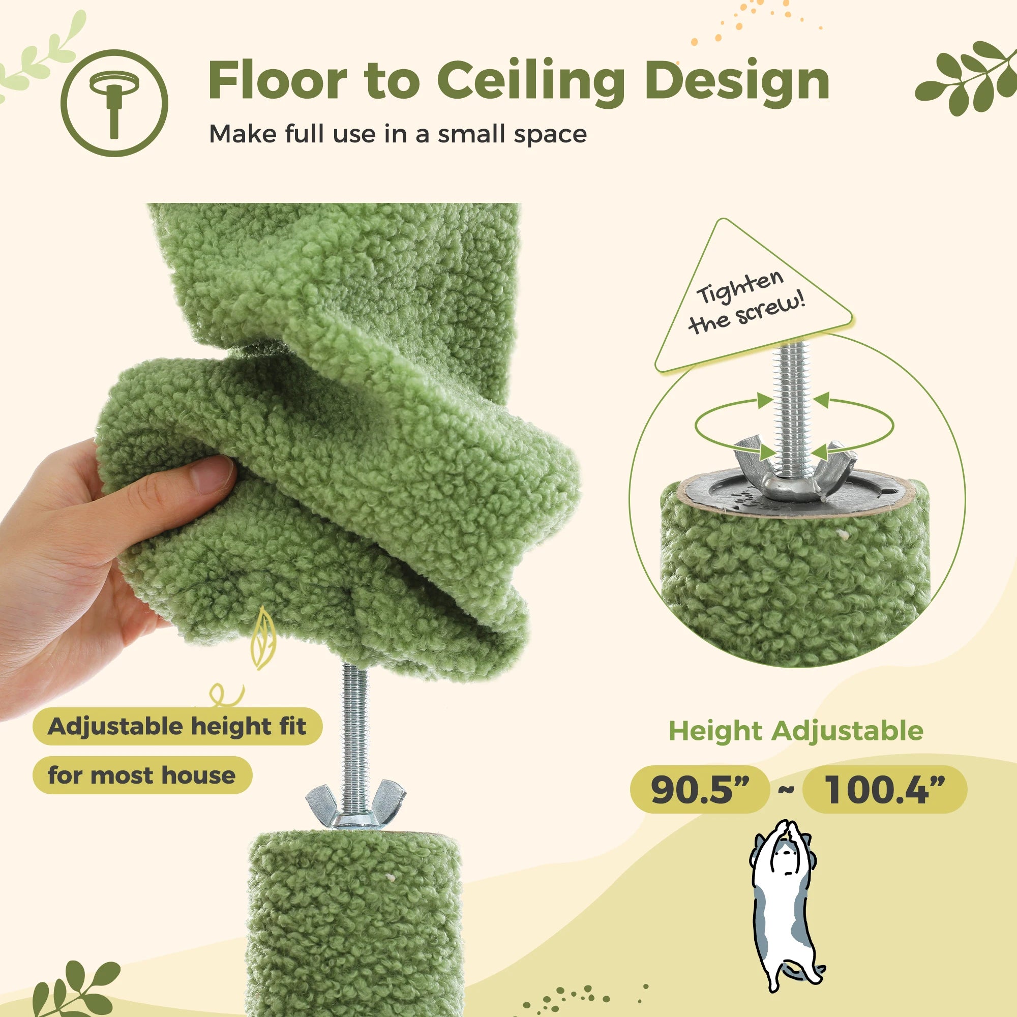 Floor-to-Ceiling Adjustable Wooden Cat Tree – Cat Tower with Hammock & Condo
