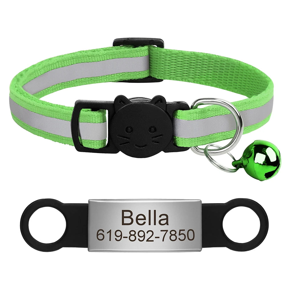 Personalized Reflective Cat Collar with Engraved ID Tag & Bell