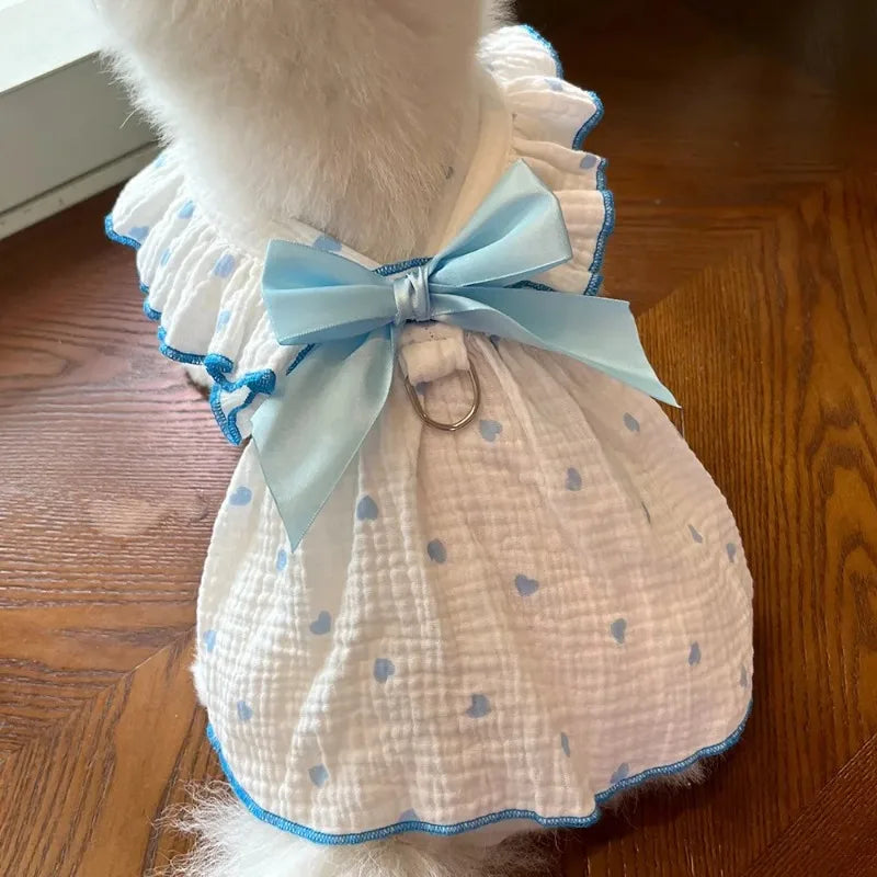 Heart Print Dog Dress with Bow – Cute Summer Princess Outfit for Small Dogs & Cats