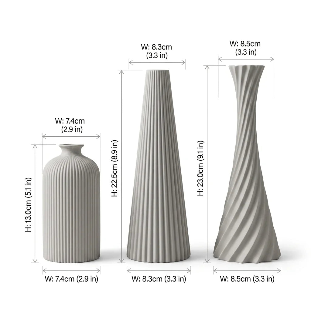 3-Piece Wabi-Sabi Ribbed Vase Set – Matte Off-White Decorative Vases for Home Decor