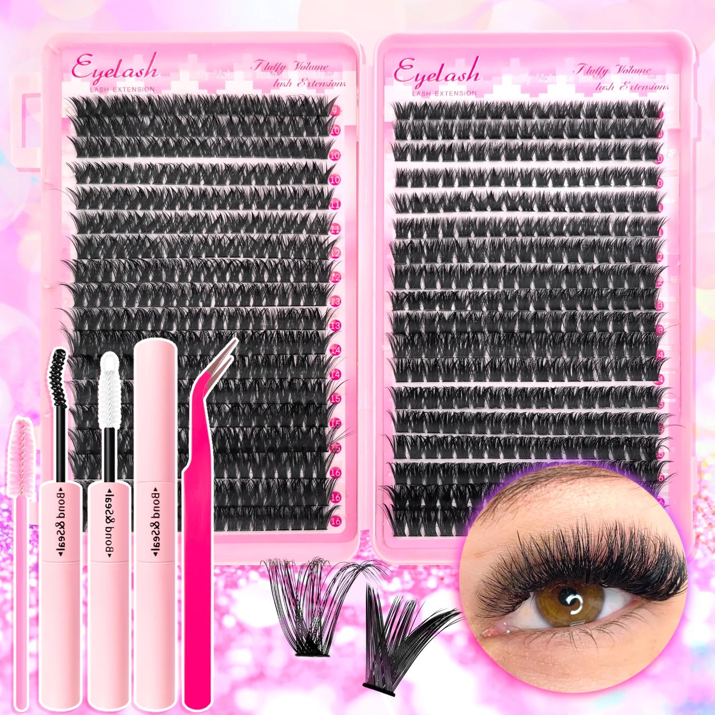 Kit Extension de Cils 720/200 pcs Fluffy Avec Colle, Scellant, Pinces et Clusters Épais Wispy