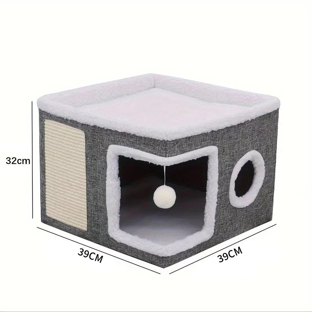 4-Season Multi-Level Cat House – Foldable Cat Cave Bed with Scratching Board