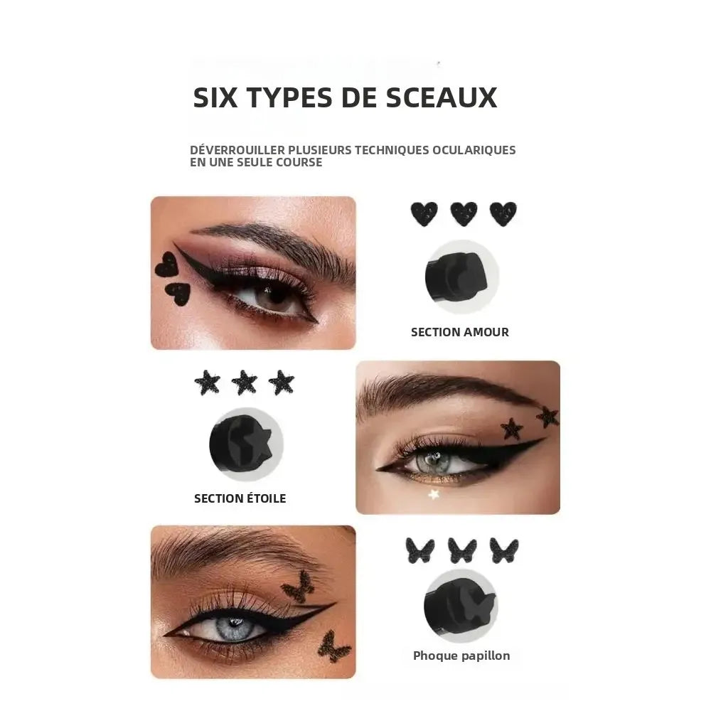 Kit de maquillage anti-bavures pour eyeliner liquide waterproof à séchage rapide (6 pièces) : eyeliner noir double embout avec tampon cœur et étoile.