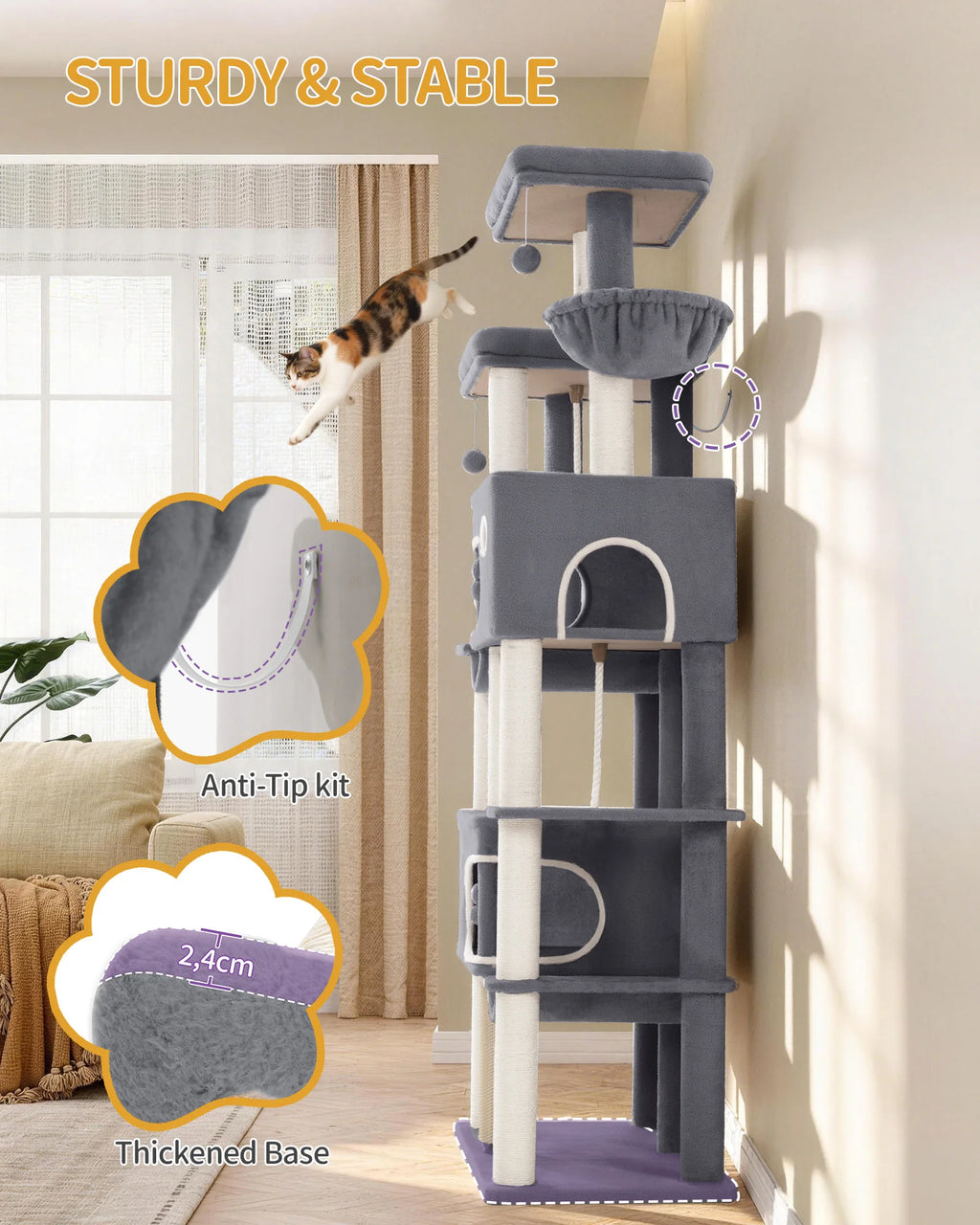 213 cm Extra-Large Cat Tree – Multi-Level Cat Tower with Caves & Platforms