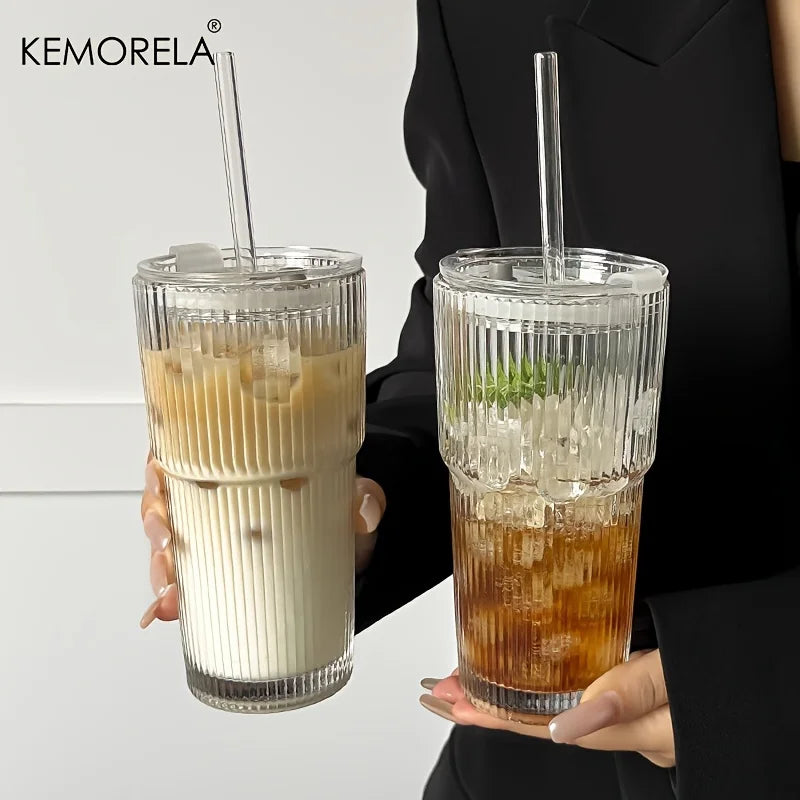 600ml Ribbed Glass Coffee Cup with Lid & Straw – Transparent Tumbler for Iced Coffee, Juice & Cold Drinks