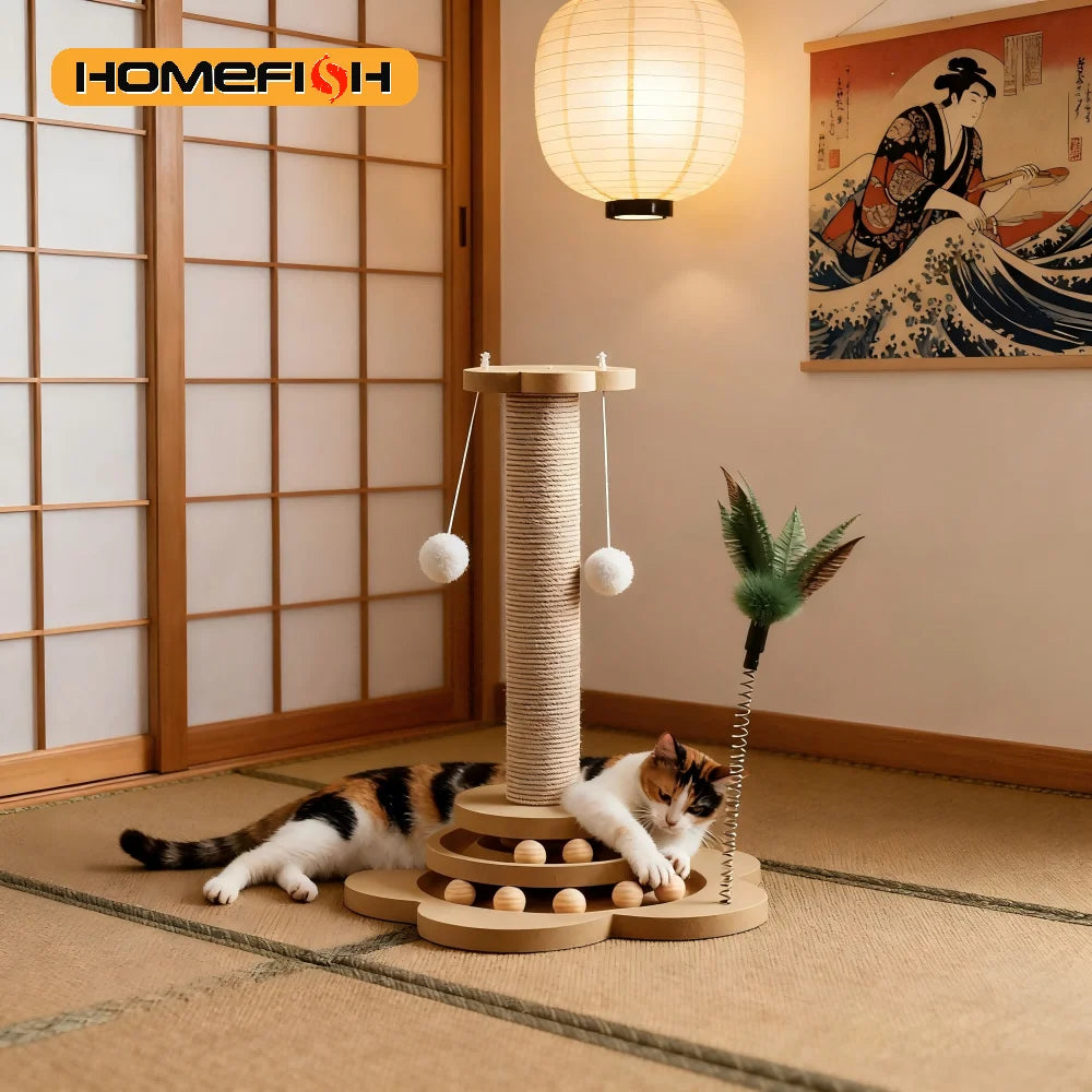 Wooden Interactive Cat Toy – Turntable with Sisal Scratcher & Rolling Balls