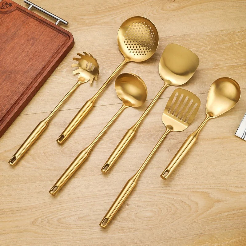 Gold Stainless Steel Soup Spoon Set (1–7 PCS) – Multifunction Noodle, Rice & Hot Pot Serving Spoon