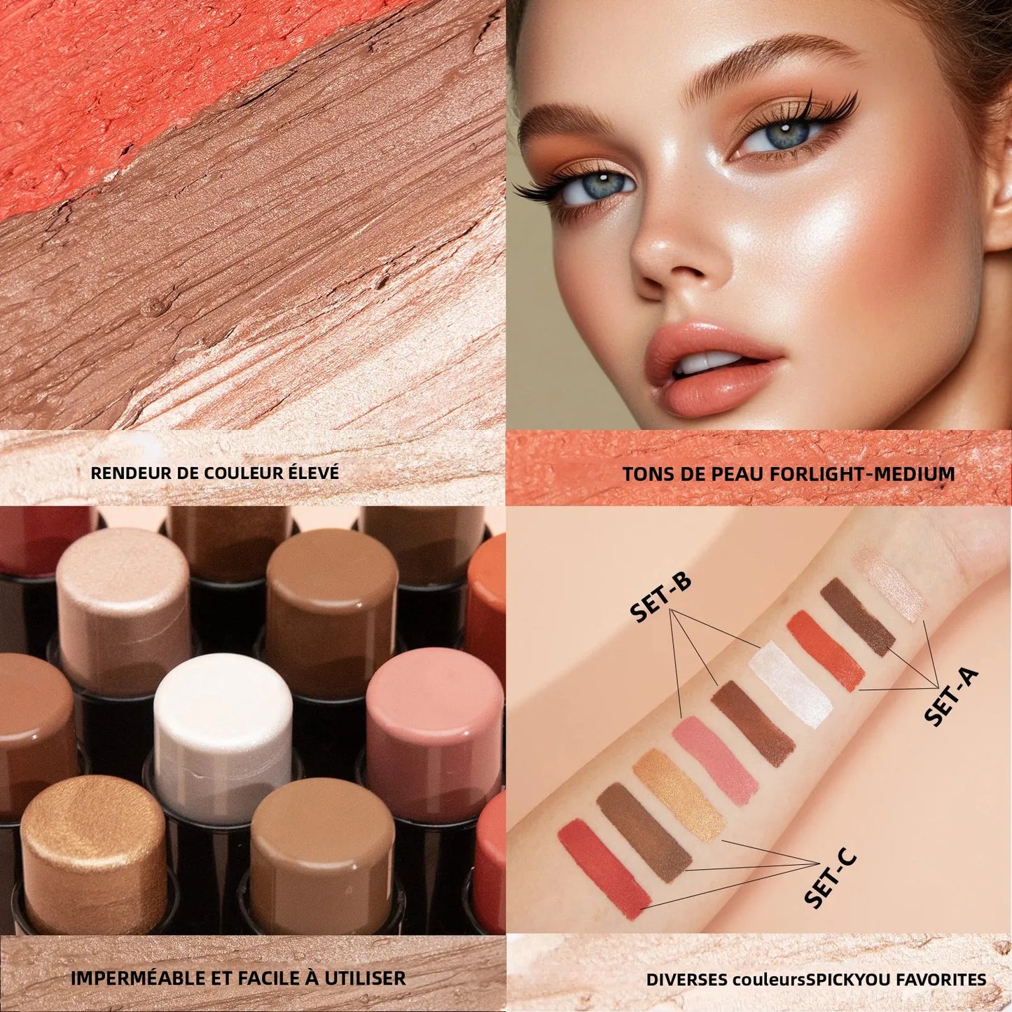 Set de 3 Correcteurs en Stick— Résistant à l’Eau, Contrôle du Sébum, Crème Multifonction pour Highlighter, Contour et Blush