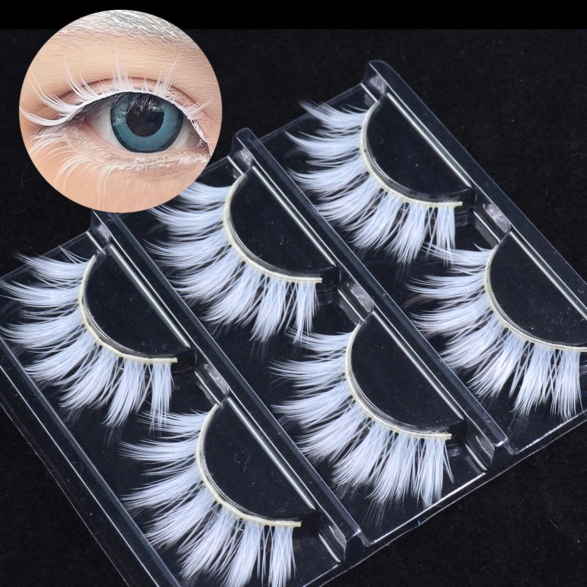 3 paires de cils blancs – Cils colorés en dentelle, volumineux et doux, en soie vegan – Pour poupée, cosplay, fête, Halloween et maquillage