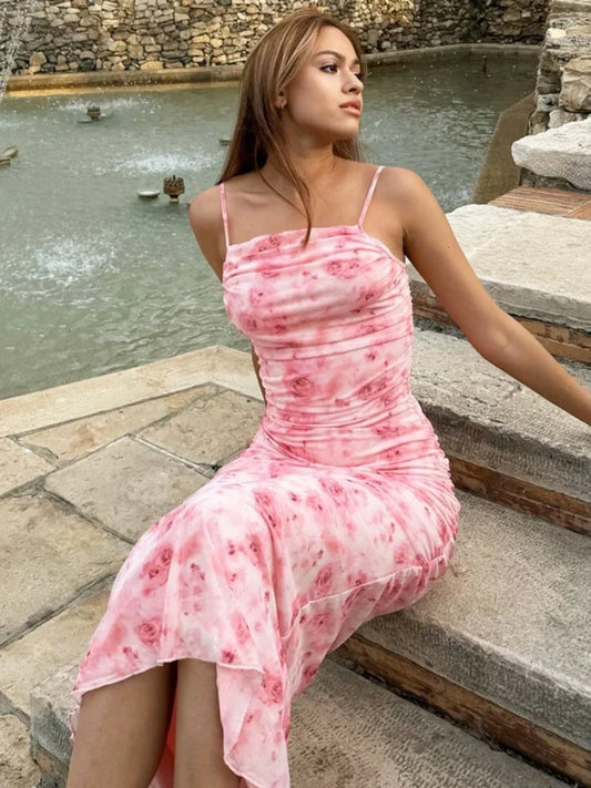 Robe longue imprimée à bretelles sexy pour femmes européennes et américaines, coupe cintrée, robe moulante aux hanches, 954