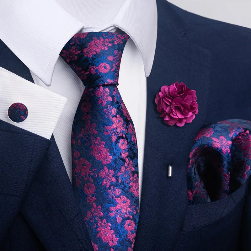 « Set Cravate Homme 8 cm – Bleu Floral avec Pochette & Boutons »