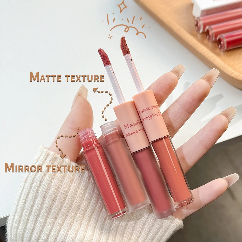 Rouge à Lèvres Double-Embout – Gloss Complet, Fini Miroir et Velours Mat, Longue Tenue, Hydratant, Anti-Tache, Maquillage des Lèvres