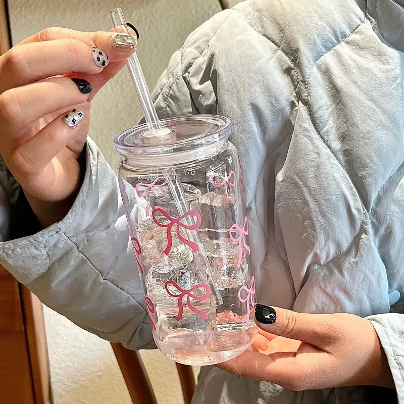 500ml Cute Bow Glass Tumbler with Lid & Straw – Mason Jar Style Cup for Iced Coffee, Juice & Smoothies