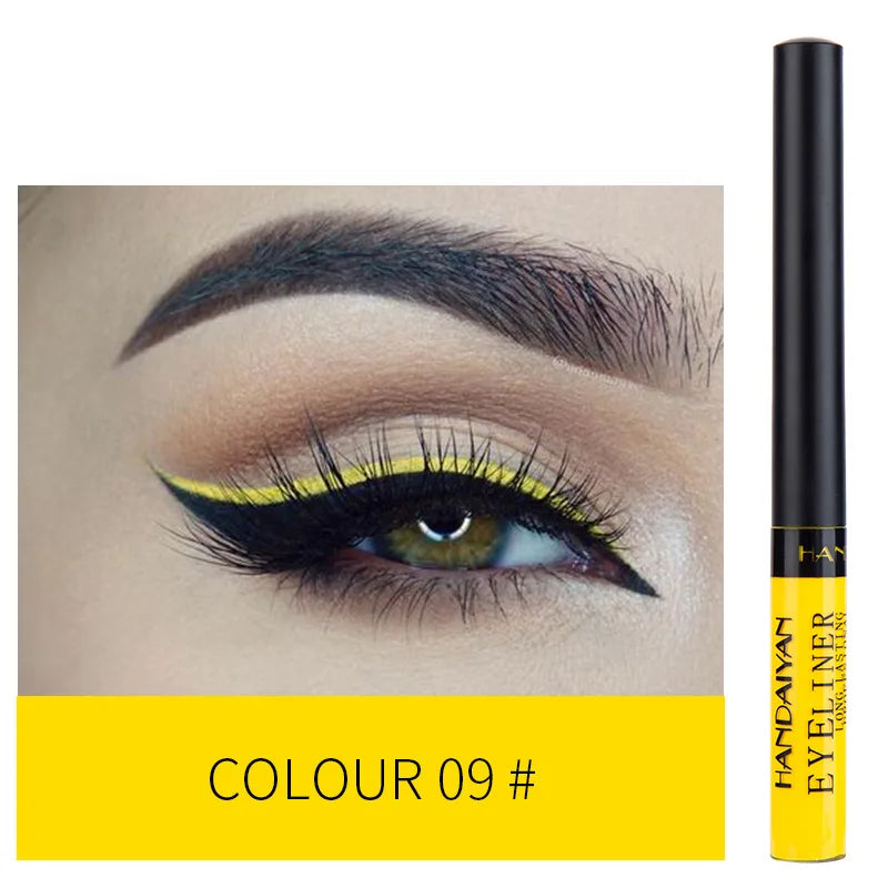 Eyeliner Néon UV — stylo liquide waterproof, fini mat, couleurs vives jaune, rouge et violet, maquillage yeux