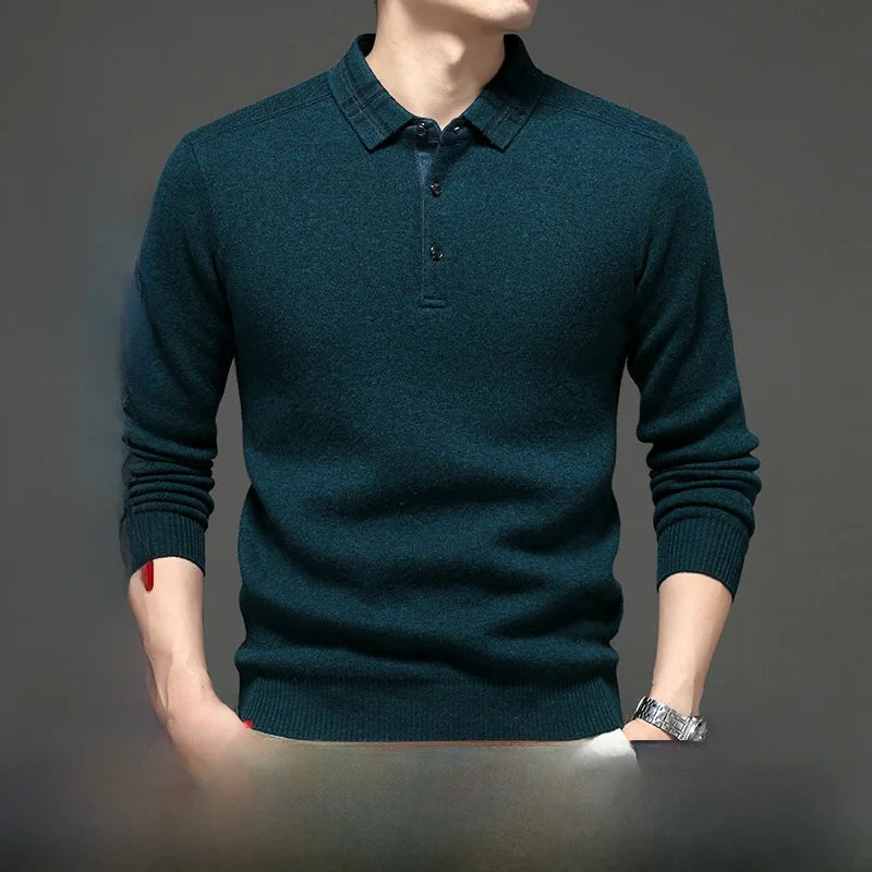 Chemise de base tricotée en pure laine épaisse à manches longues pour hommes Polo d'affaires décontracté Pull à col rayé pour personnes d'âge moyen...