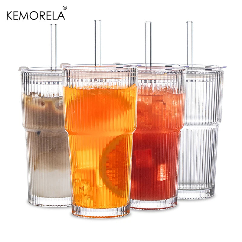 600ml Ribbed Glass Coffee Cup with Lid & Straw – Transparent Tumbler for Iced Coffee, Juice & Cold Drinks