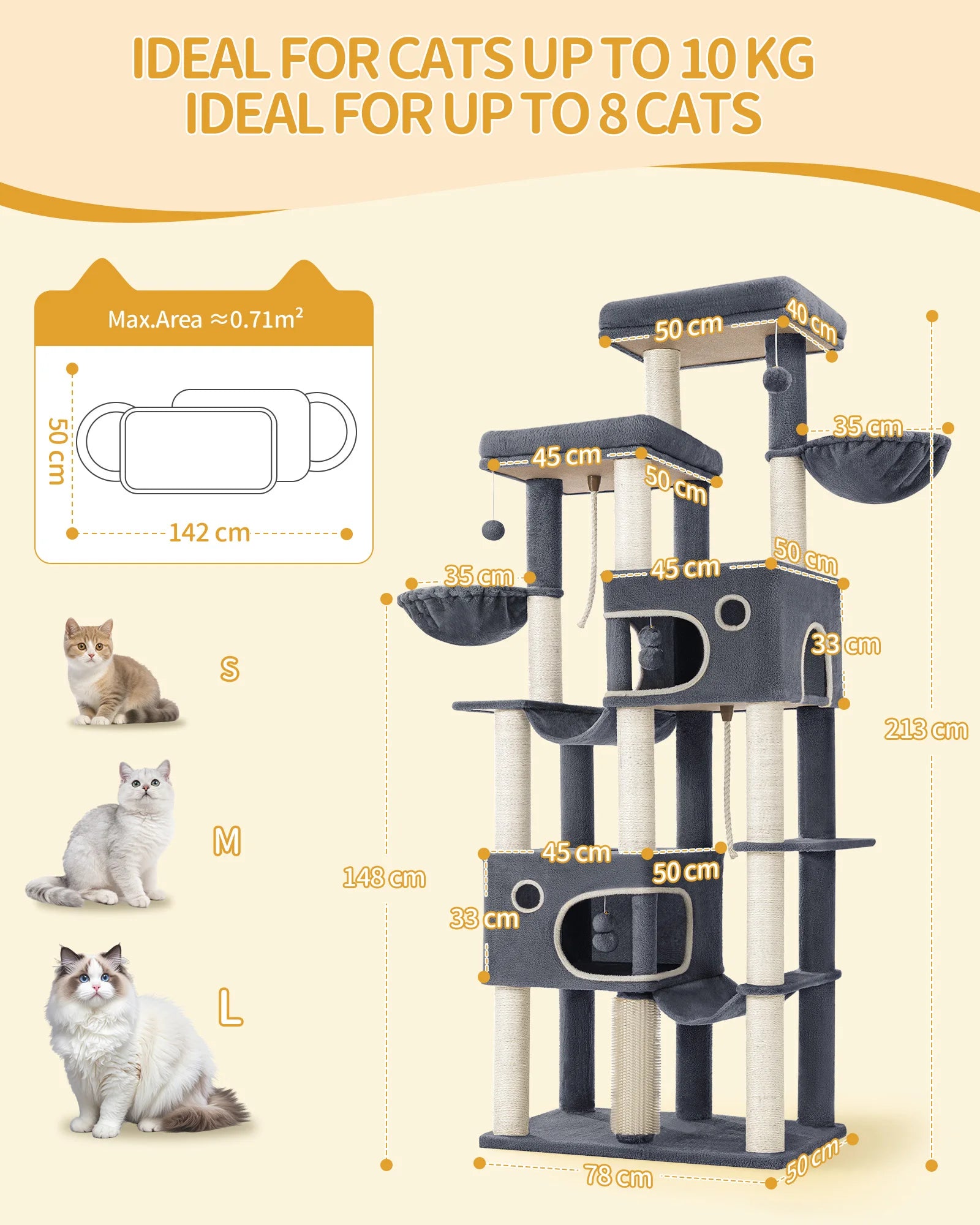 213 cm Extra-Large Cat Tree – Multi-Level Cat Tower with Caves & Platforms