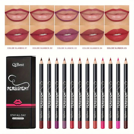 Set 12 Crayons à Lèvres Mat Nude – Longue Tenue, Waterproof, Haute Pigmentation, Crayon Contour, Outils Maquillage des Lèvres