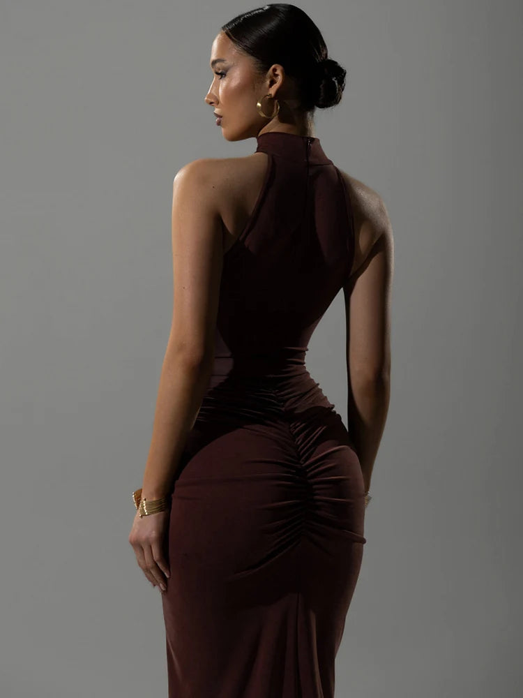 Robe pour femmes – Style halter sans manches avec fronces | Coupe sexy et slim | Taille haute | Idéale pour soirées, clubs et fêtes | Fente élégante longue