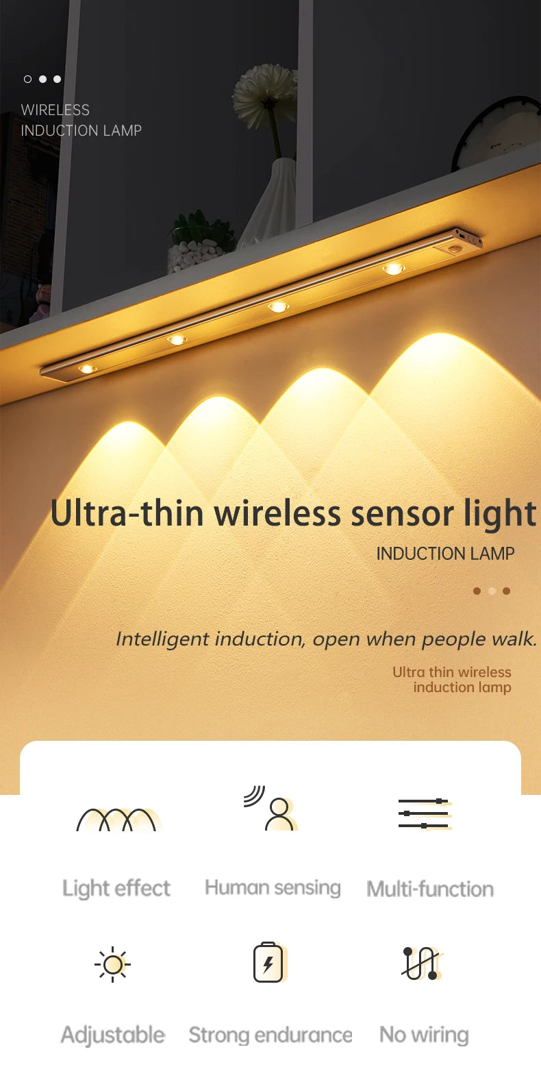 Wireless Motion Sensor LED Light – Ultra-Thin USB Rechargeable Night Light for Cabinets & Closets