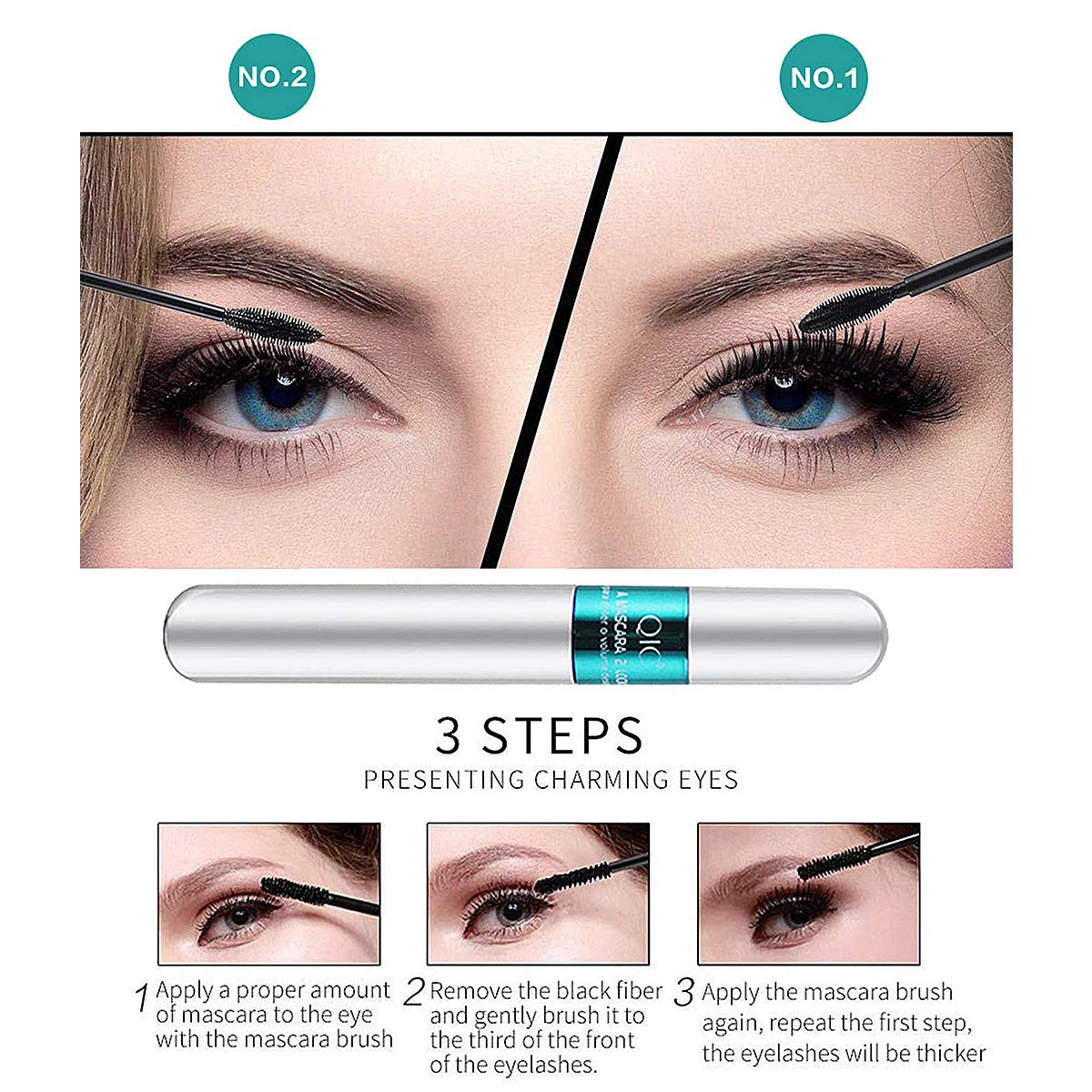 Mascara 2‑en‑1 fibres de soie waterproof extensions cils noir épais allongeant maquillage yeux