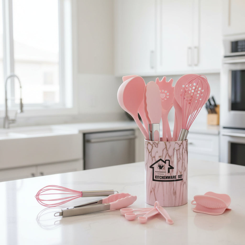 18-Piece Pink Silicone Kitchen Utensil Set – Food-Grade Cooking Tools with Spatulas, Turners & Measuring Spoons