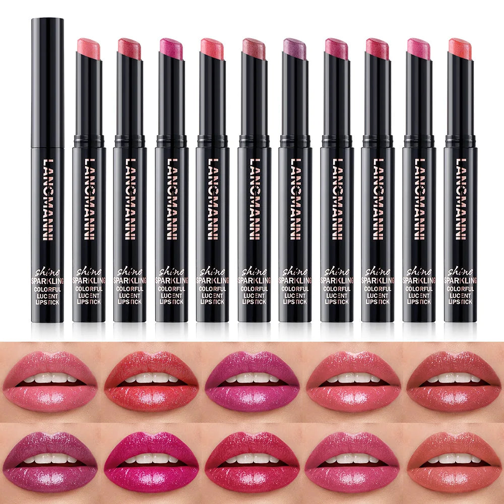 Rouge à Lèvres Nacré 10 Couleurs — Design Biseauté Pivotant | Couleur Intense & Tenue Longue Durée | Finition Brillante Hydratante, Brillance Lèvres Glossy