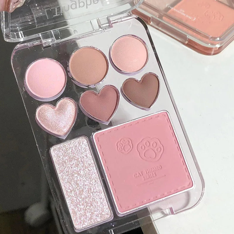 Palette fards à paupières 8 couleurs, rose et orange, blush et highlighter, illuminant, longue tenue, maquillage yeux en forme de cœur