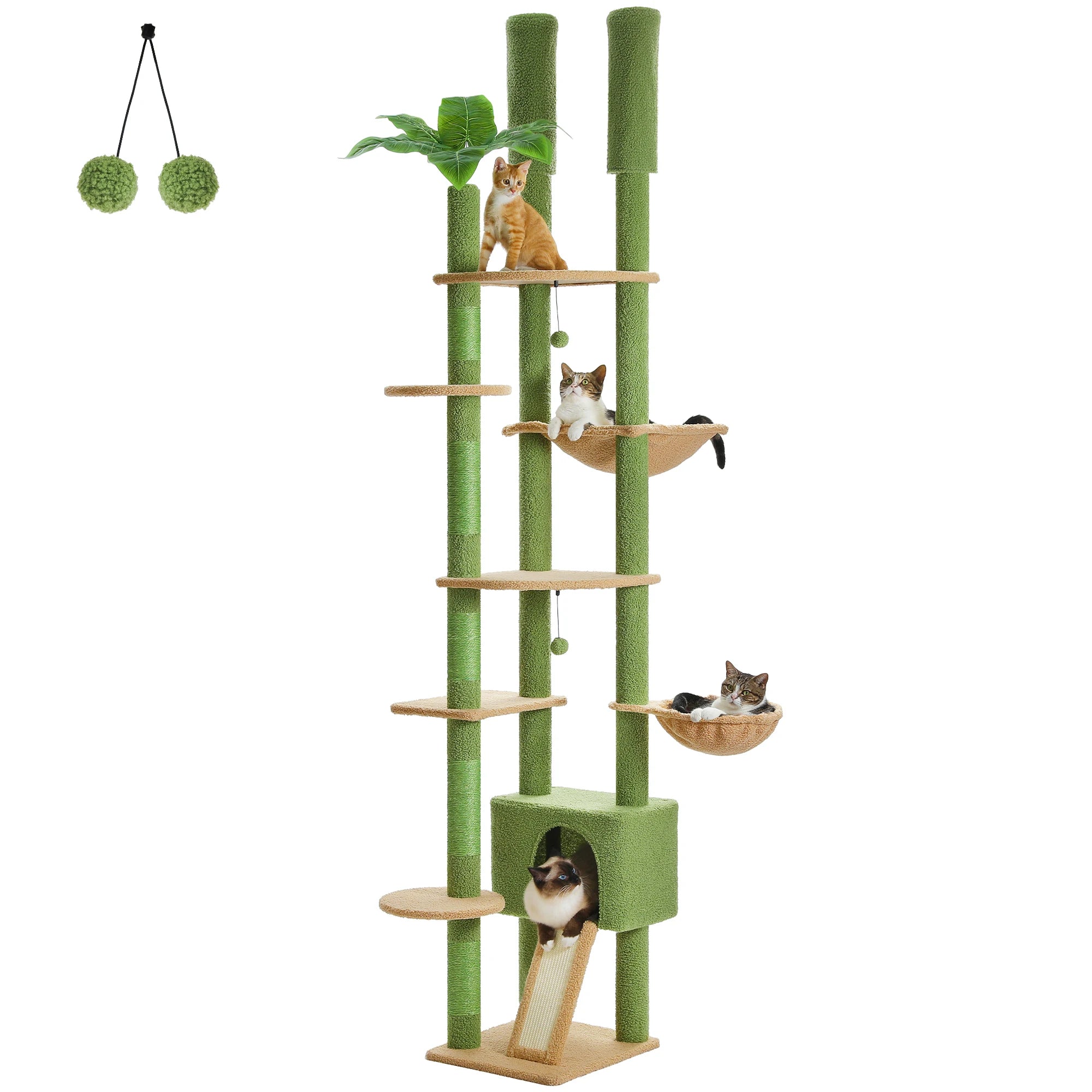 Floor-to-Ceiling Adjustable Wooden Cat Tree – Cat Tower with Hammock & Condo