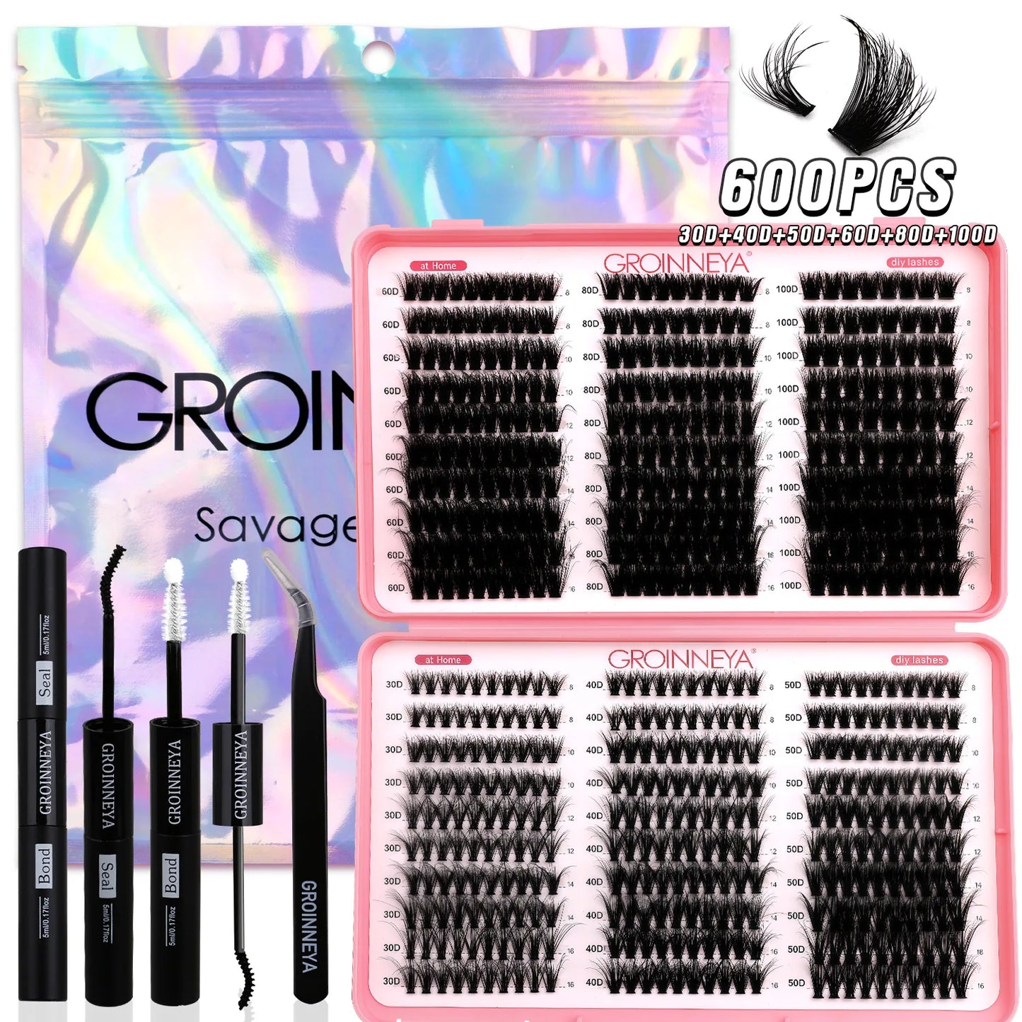 Kit de grappes de cils – Plateau mixte complet pour extensions de cils individuels, avec colle, scellant et pinceaux pour application