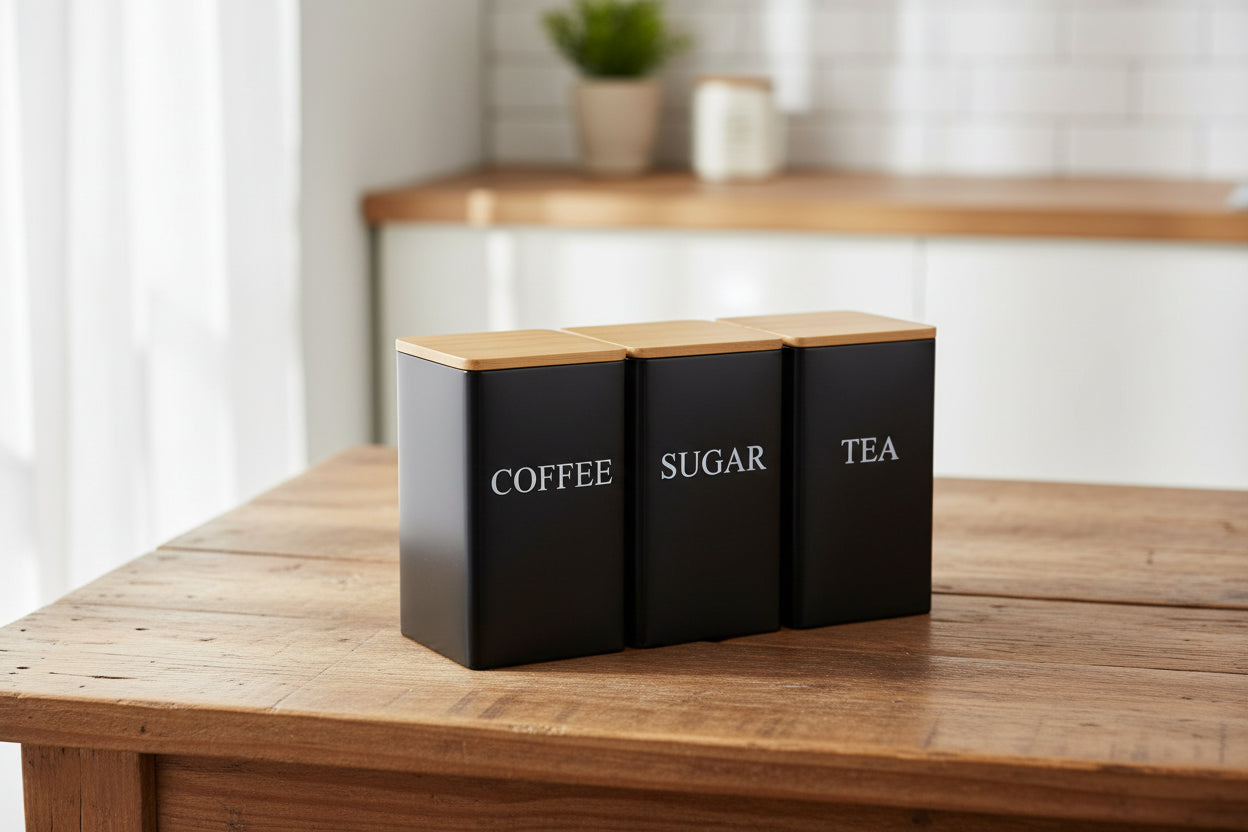 Metal Coffee Bean Storage Jar with Bamboo Lid – Tea, Coffee & Sugar Container