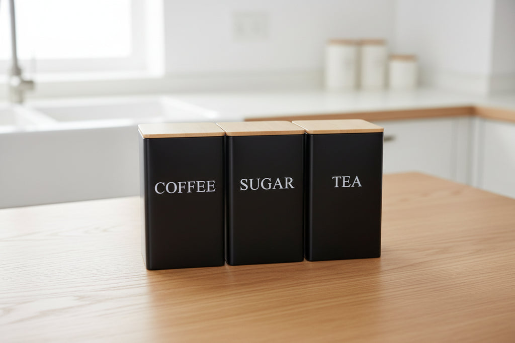Coffee Bean Storage Jar with Bamboo Lid – Metal Tea & Sugar Container