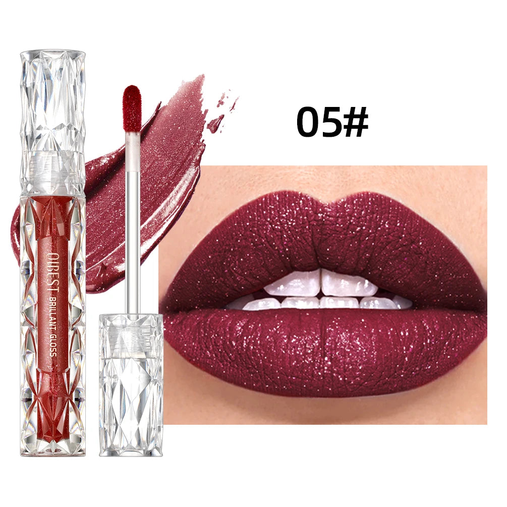 Gloss à Lèvres Shimmer – Paillettes Diamant, Teinte Rouge/Violet, Waterproof, Longue Tenue, Rouge à Lèvres Liquide Mat, Maquillage pour Femmes