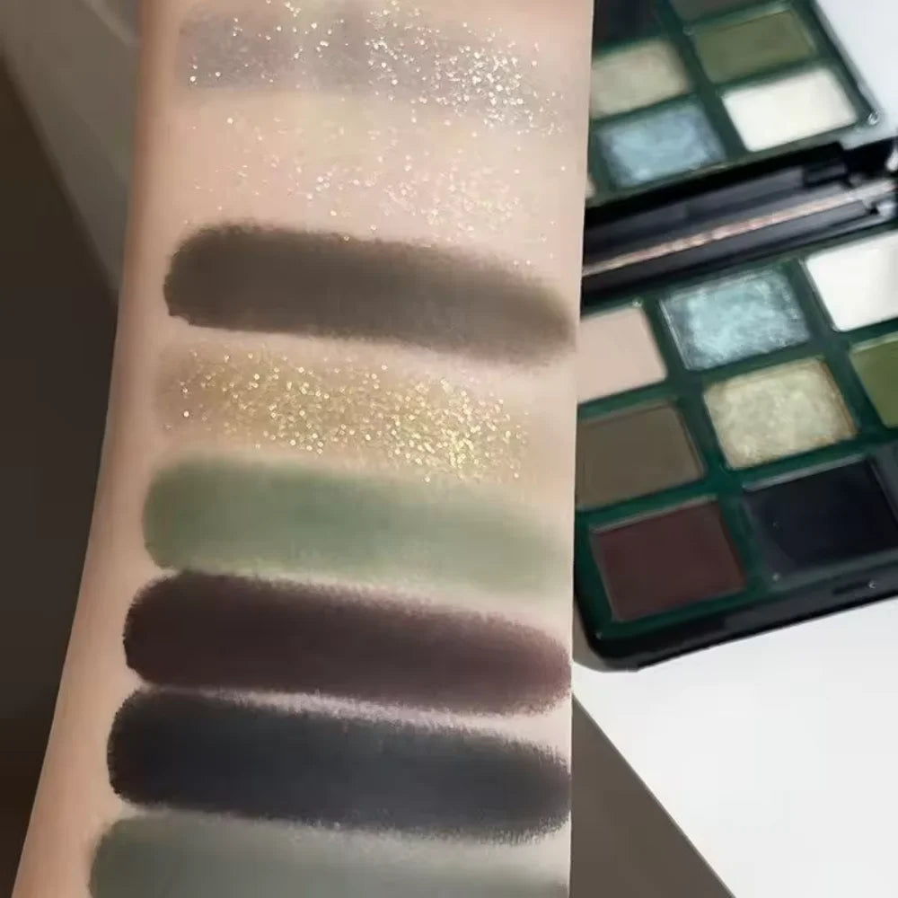 Palette de Fards à Paupières 9 Couleurs — Teintes Vert Olive, Fini Nacré et Scintillant, Matte, Palette Rose, Maquillage Flash Cosmétiques