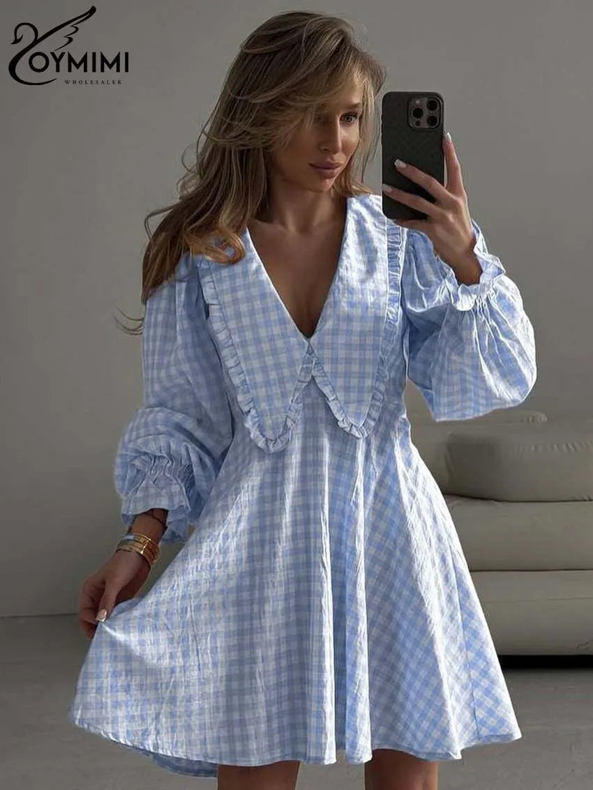 Robe Mini Femme Imprimée – Col V, Manches Longues, Coupe Large, Style Streetwear