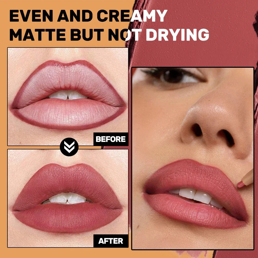 Crayon à Lèvres Double-Embout & Pinceau 2-en-1 – Mat, Contour et Teinte, Longue Tenue, Nude et Noir, Maquillage des Lèvres