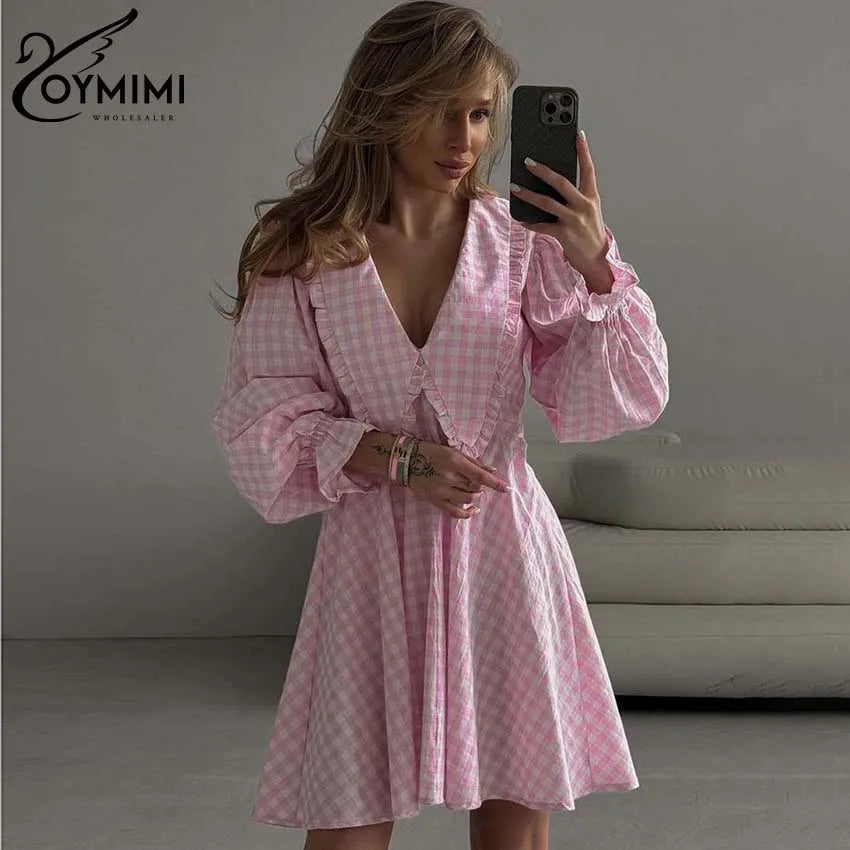 Robe Mini Femme Imprimée – Col V, Manches Longues, Coupe Large, Style Streetwear