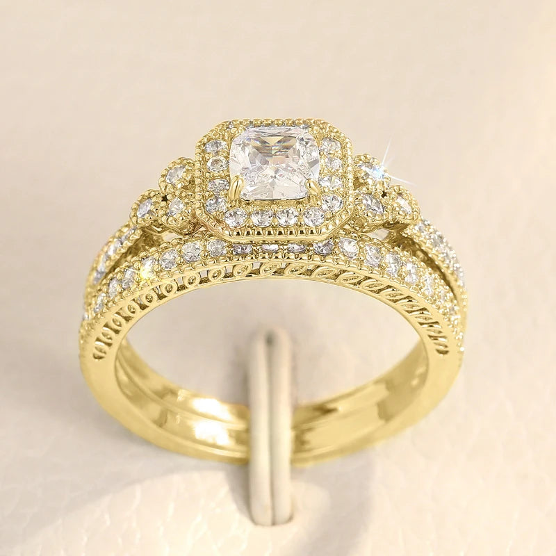 Huitan mode 2 pièces ensemble de bagues pour femmes Double couche empilable bijoux de mode à la mode cubique zircone pierre doigt accessoires