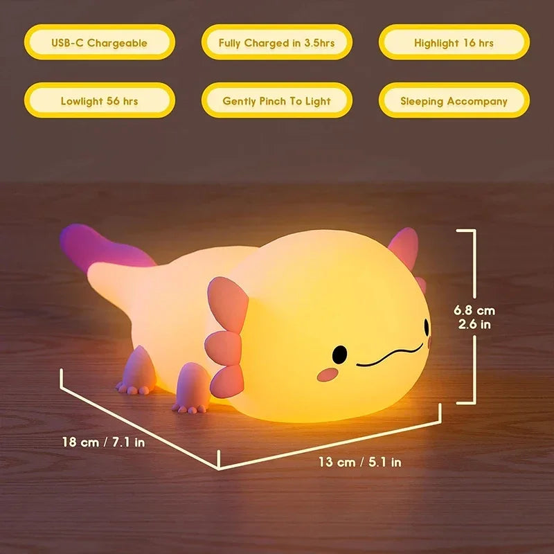 Cute Axolotl Night Light – USB Rechargeable Silicone Lamp for Kids & Nursery
