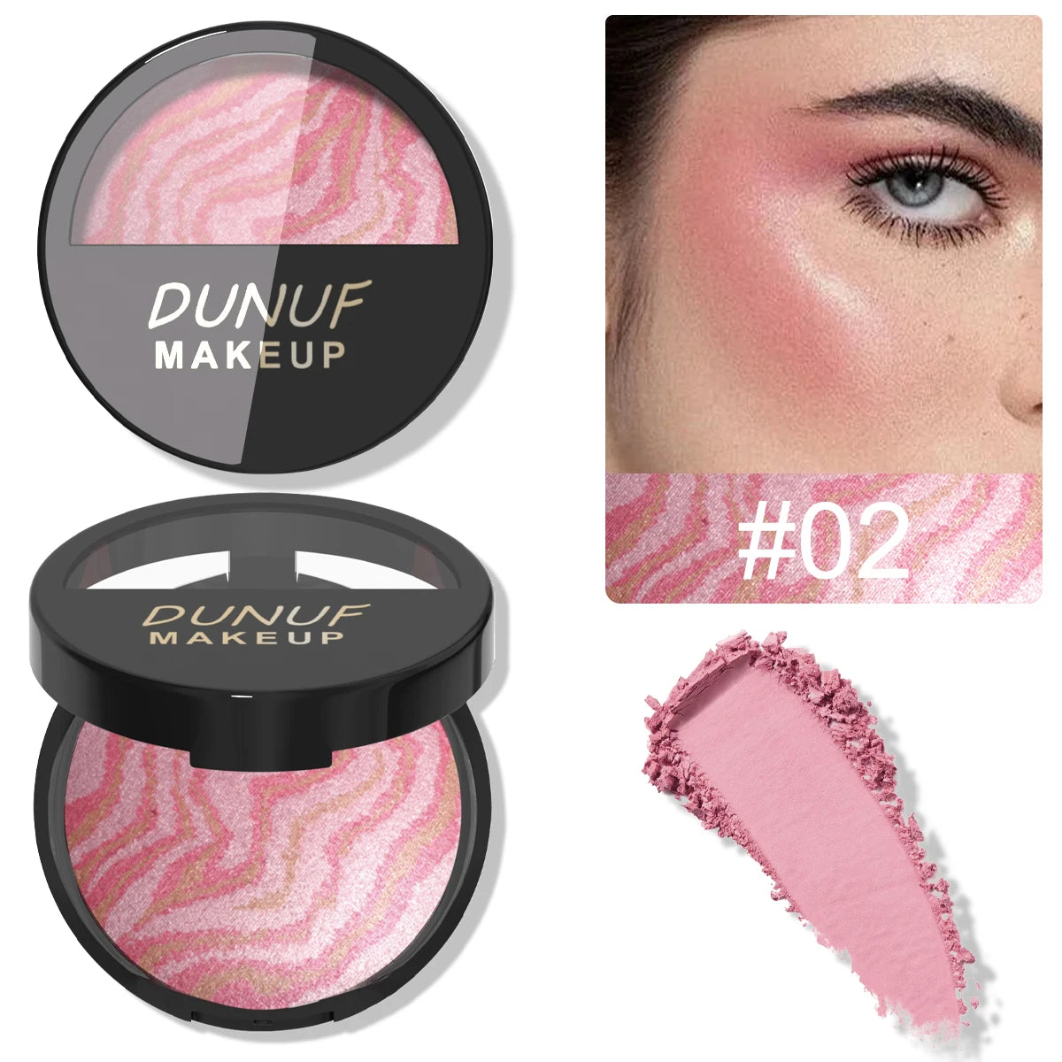 Palette de Fard à Joues 3 Tons — Poudre Cuite Imperméable, Légère et Longue Tenue, Texture Lisse et Aérienne pour un Teint Unifié et Lumineux