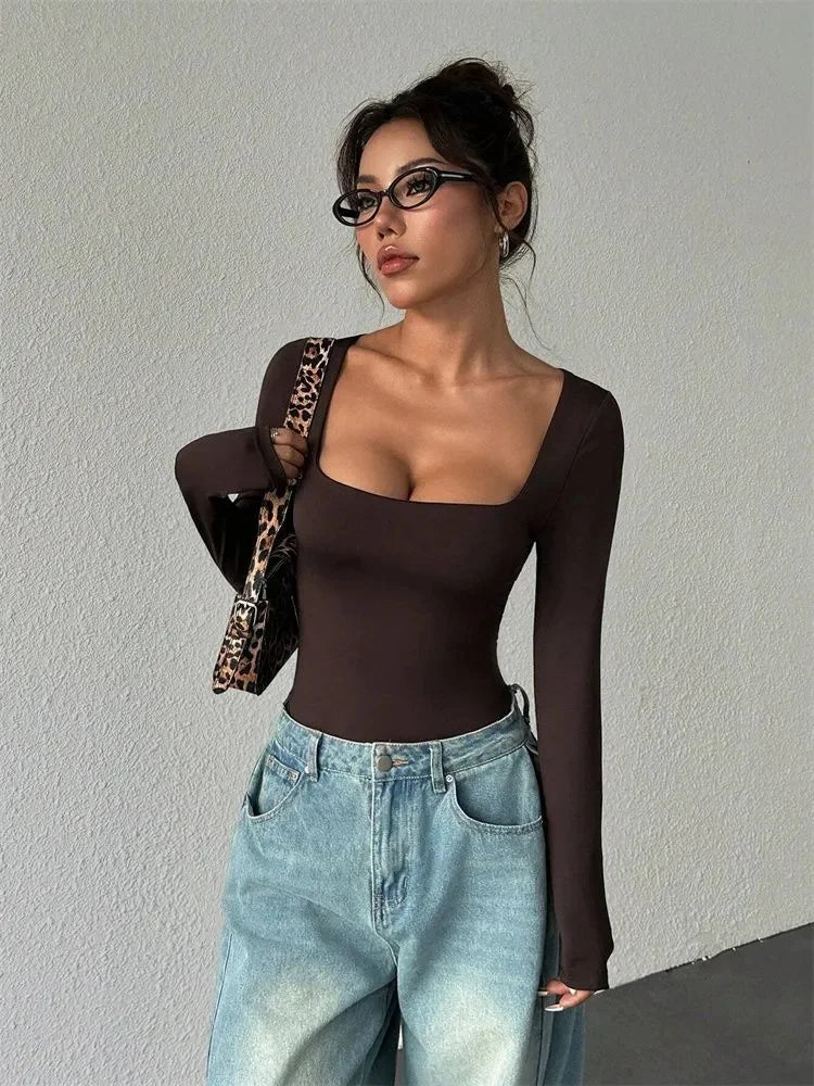 Body blouse basique pour femmes – Col carré et manches longues | Coupe slim et sexy | Couleur unie | Style streetwear Y2K pour automne-hiver