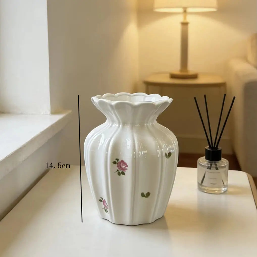 Vintage Pink Floral Ceramic Vase – Ribbed Fluted Flower Vase for Elegant Home Decor