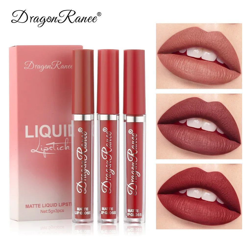 Coffret de 3 rouges à lèvres liquides – Maquillage longue tenue pour femmes | Cosmétiques coréens | Finition mate et imperméable | Couleur durable