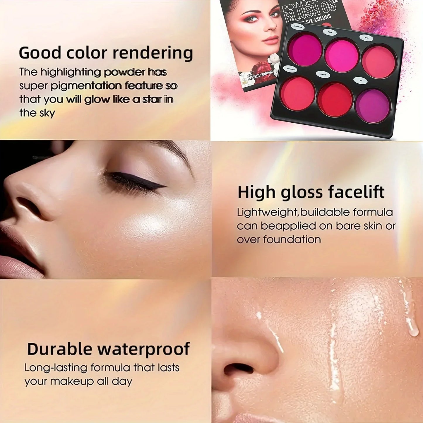 Palette de blush 6 couleurs — Tons naturels, finition mate, légère et respirante, adaptée pour joues et yeux